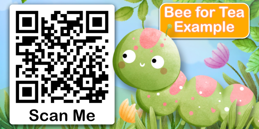 Original Scan Me QR code beside the Bee for Tea caterpillar. Scan to open www.appyart.com/appyartexample/.